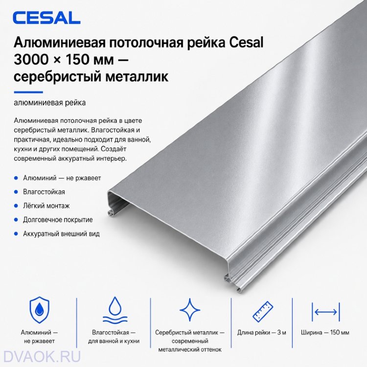 Серебристая потолочная рейка Cesal 135 мм, 3 м Серебристая потолочная рейка Cesal 135 мм, 3 м