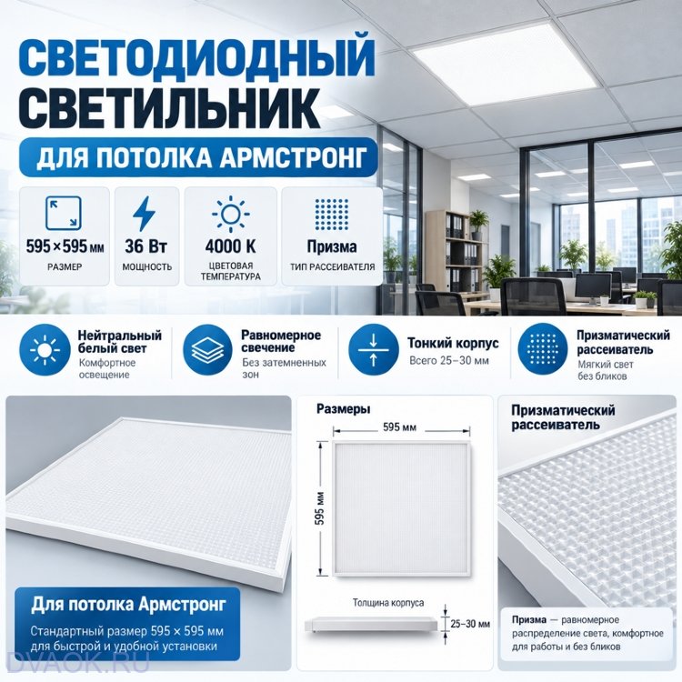 Светодиодный светильник для потолка Армстронг 595×595, 36 Вт, 4000 К, призма