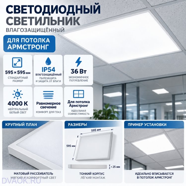 Влагозащищённый светодиодный светильник для потолка Армстронг 595×595, IP54, 36 Вт, 4000 К